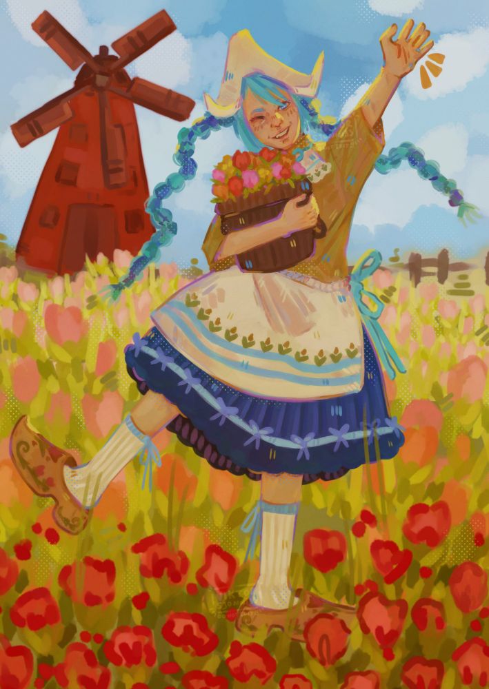 a digital drawing of hatsune miku in old dutch attire, holding a basket of tulips.
she's standing in a tulip field and there is a red windmill in the background.