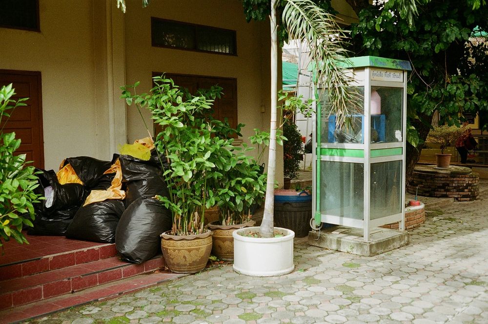 An old phone booth with potted plants and refuse scattered around 