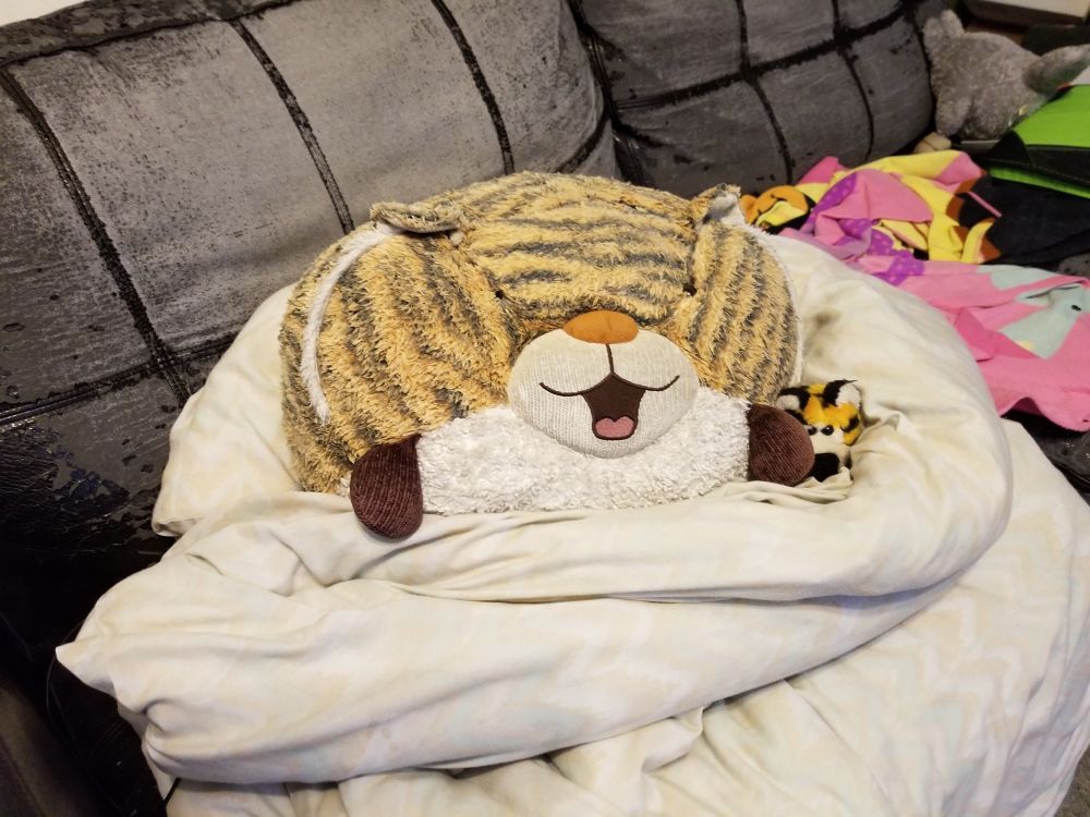 Fatty a big round tiger and Growltiger a small tiger both wrapped in a quilt