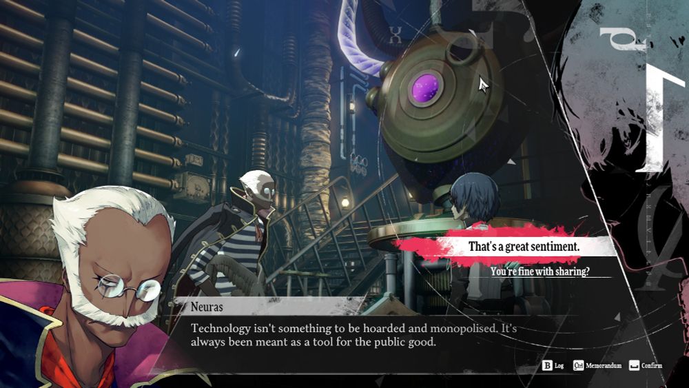 Screenshot from Metaphor ReFantazio with a quote from the character Neuras saying "Technology isn't meant to be hoarded and monopolized. It's always been meant as a tool for the public good."