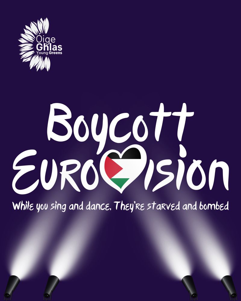 Boycott Eurovision, while you sing and dance they’re starved and bombed. A Palestinian flag has been edited into the Eurovision logo. 