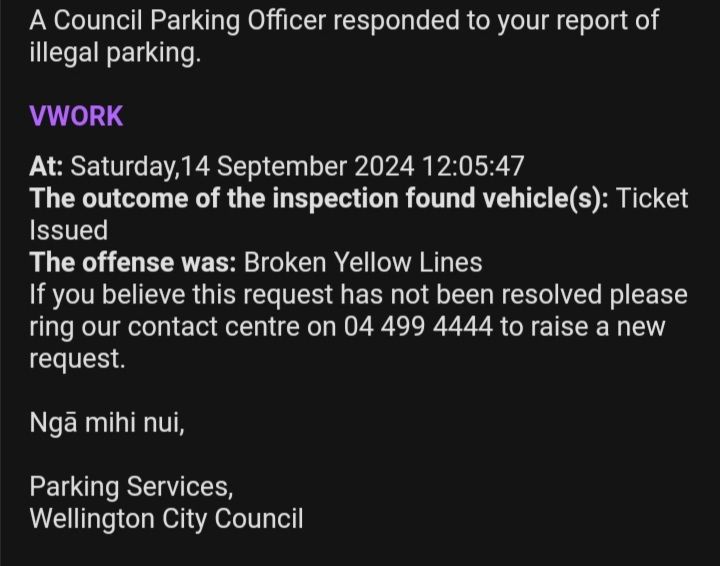 An email from the council confirming they ticketed the car.