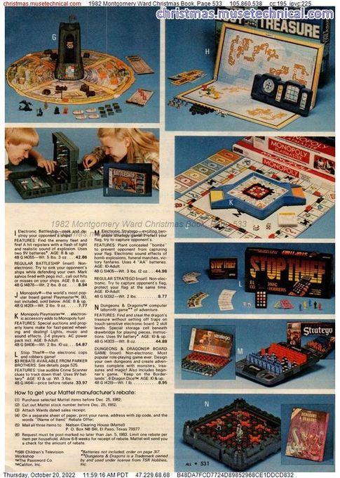 A page from the 1982 Montgomery Ward's holiday catalog showing Dark Tower, Stop Thief, Battleship, Stratego, the Dungeons & Dragons Basic Set, and other games.