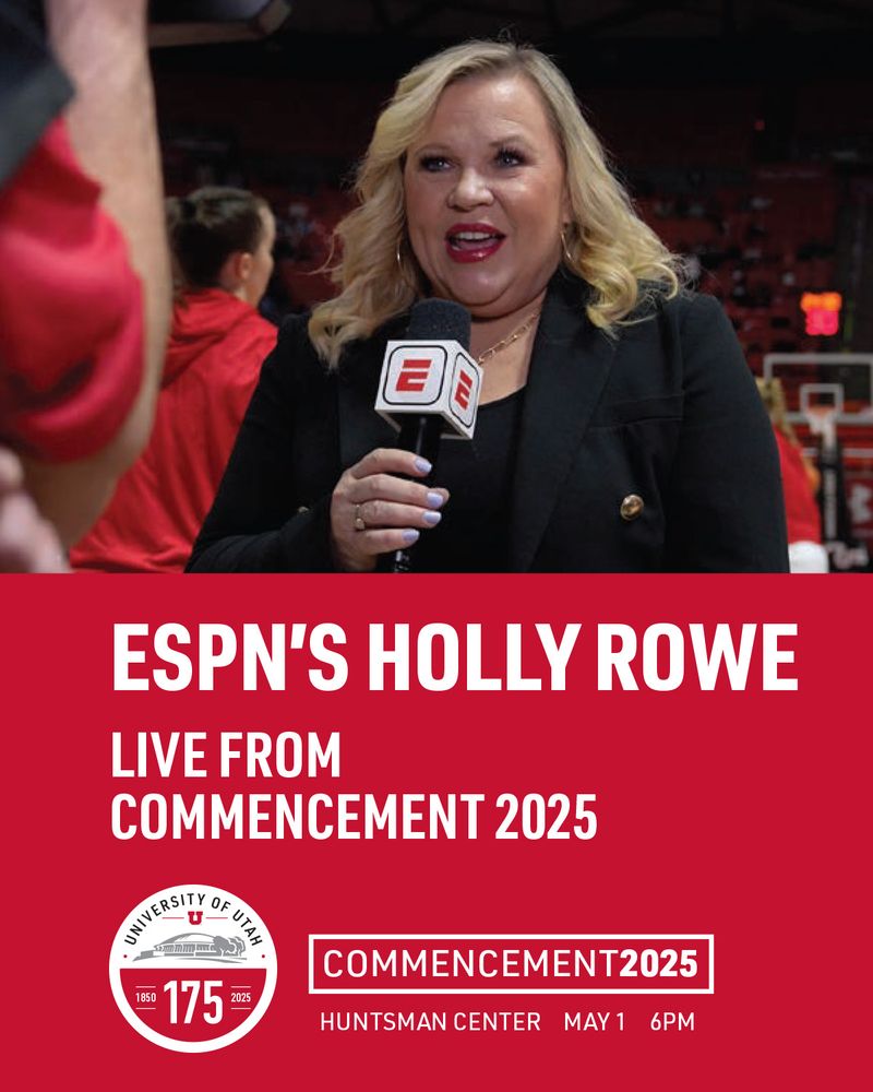 Graphic with a photo of Holly Rowe reporting from the sidelines of a basketball game for ESPN. 