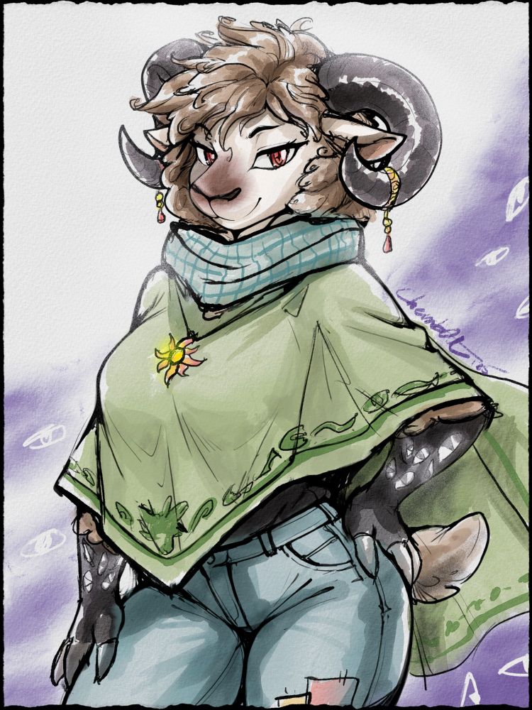 Watercolor half body portrait of a female sheep with an occult eye theme. 
