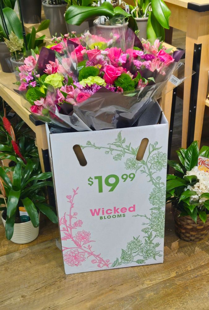 Several pink and green flower bouquets placed inside a white box adorned with a pink vine and green vine surrounding pink and green text reading "$19 99 Wicked Blooms"