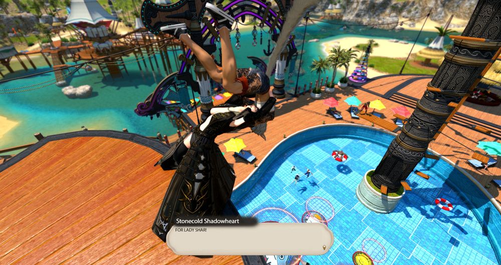 It's all over as Riona is thrown over the edge in a belly-to-belly suplex by Stonecold Shadowheart, who triumphantly cries "For Lady Shar!". Shadowheart may have won this fight, as they both plummet towards the pool below, but she'll have her own battles later when she learns that Shar isn't real in final fantasy </3 But for now, Stonecold Shadowheart shall revel in her victory over Riona as Y'shtola continues to watch them with fondness. Perhaps there's other ways to expend all this wild energy between those two... But that will be for another time.