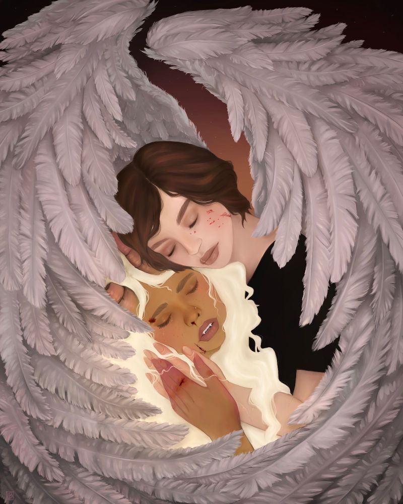 Melel and Katherine, my baby girls. Katherine is an angel with grey wings, and she is holding her injured girlfriend, a devil with whitish hair and pink horns. 