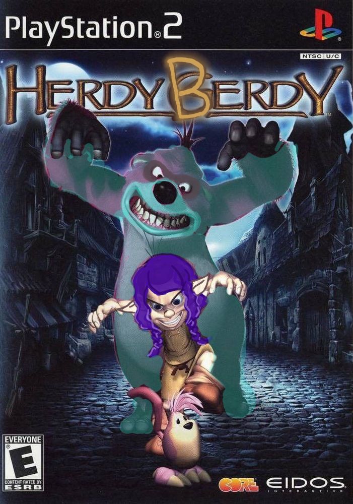 Herdy Gerdy game cover EXTREMELY CRUDELY edited to have the title be Herdy Berdy, Bancha as the big ol Gromp behind Gerdy, and Vivvi edited as Gerdy. the Doop is normal though :) 