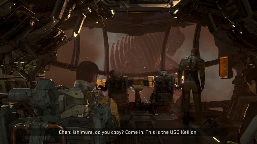 Screenshot from the opening scene of the game Dead Space. Features the team in a spaceship, the USG Kellion, attempting to dock at a space station,  Ishimura, where one team member - Isaac - expects to meet up with his wife. 

The team is attempting to contact the space station. The text reads: “Ishimura, do you copy? Come in. This is the USG Kellion.”