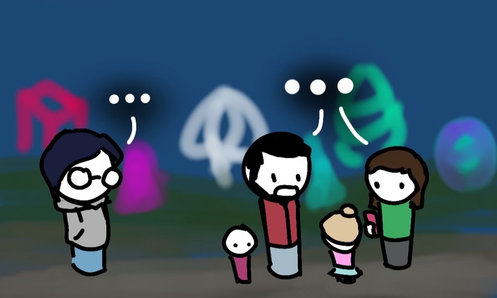 Wider angle shows the girl's parents staring down at her, saying only "...". Behind them, Liv looks on, also saying "...".