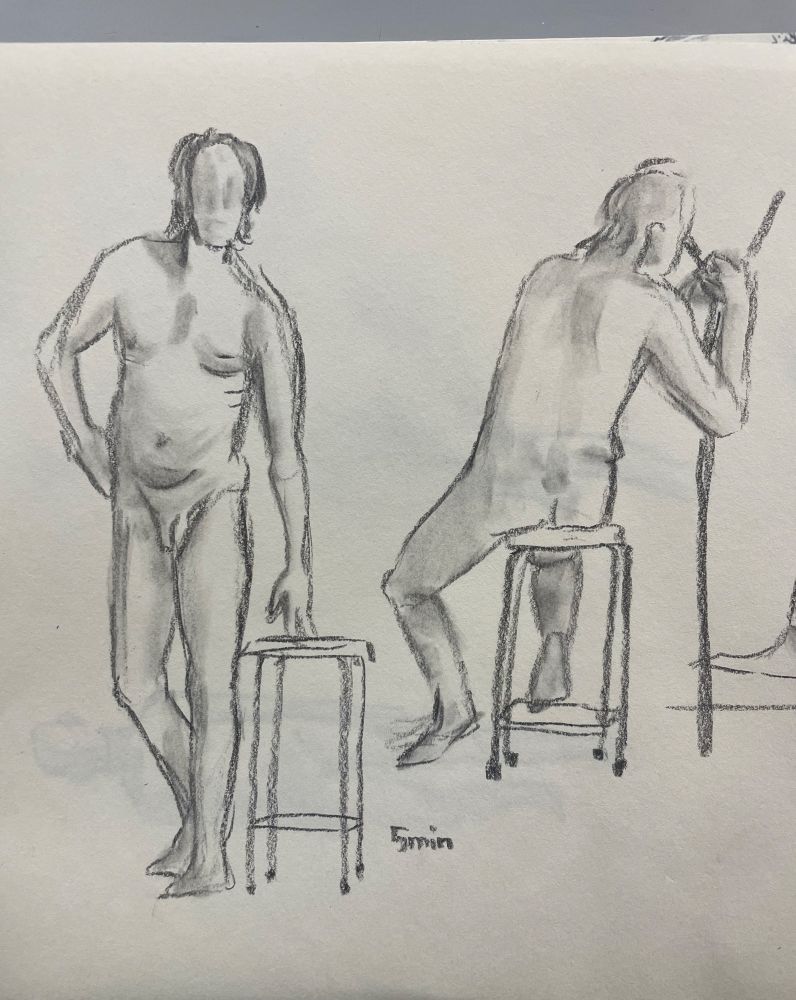 charcoal sketches of a guy standing up leaning on a chair and another with his back to us sitting on the chair leaning his weight on a staff stick thing