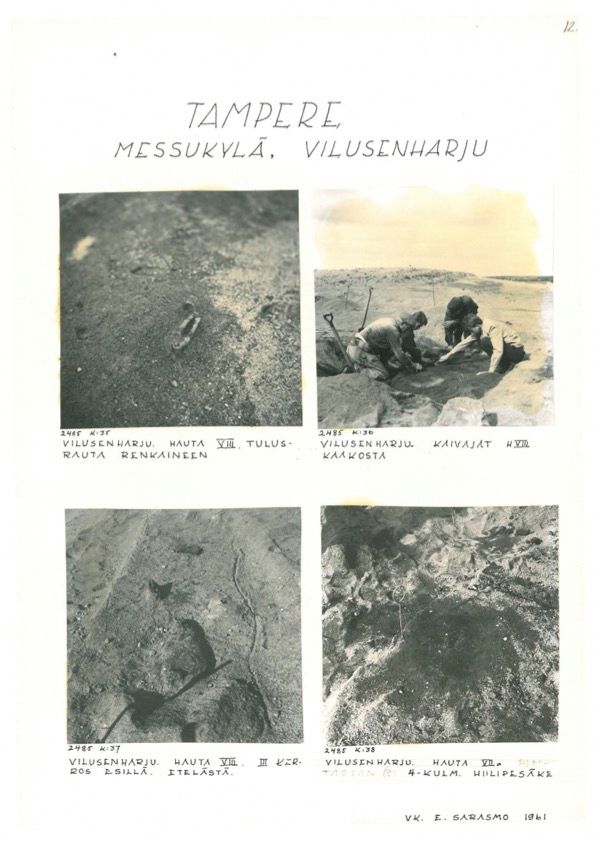 old timey square black and white photos showing a grave being excavated with closeups of items found in the grave such as a bunch of ash and a piece of steel for striking fire with (i can't find the english word unfortunately...)