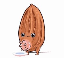 A drawing of an almond with a face, legs, and an udder. Three droplets of almond milk drip from the udder into a white saucer