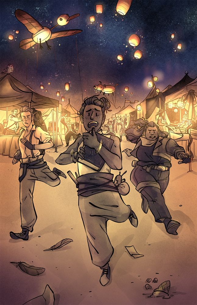 It's night in a glowing lantern lit market. Three teens run toward the viewer away from a crew of angry guards.