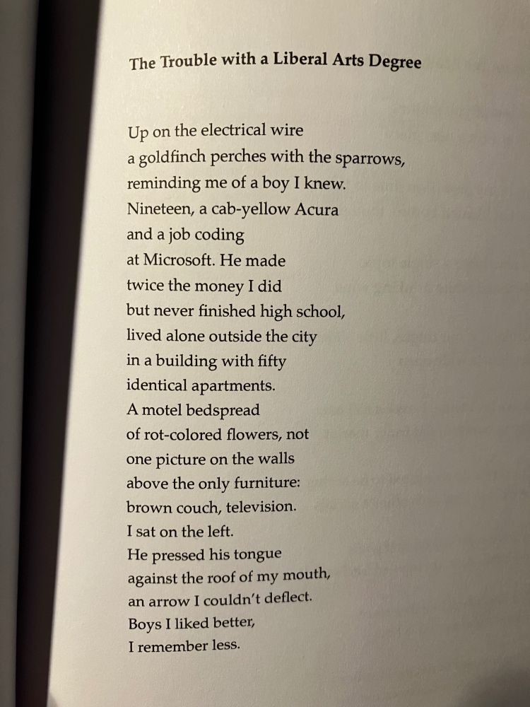 The Trouble with a Liberal Arts Degree
Up on the electrical wire
a goldfinch perches with the sparrows,
reminding me of a boy I knew.
Nineteen, a cab-yellow Acura
and a job coding
at Microsoft. He made
twice the money I did
but never finished high school,
lived alone outside the city
in a building with fifty
identical apartments.
A motel bedspread
of rot-colored flowers, not
one picture on the walls
above the only furniture:
brown couch, television.
I sat on the left.
He pressed his tongue
against the roof of my mouth,
an arrow I couldn’t deflect.
Boys I liked better,
I remember less.