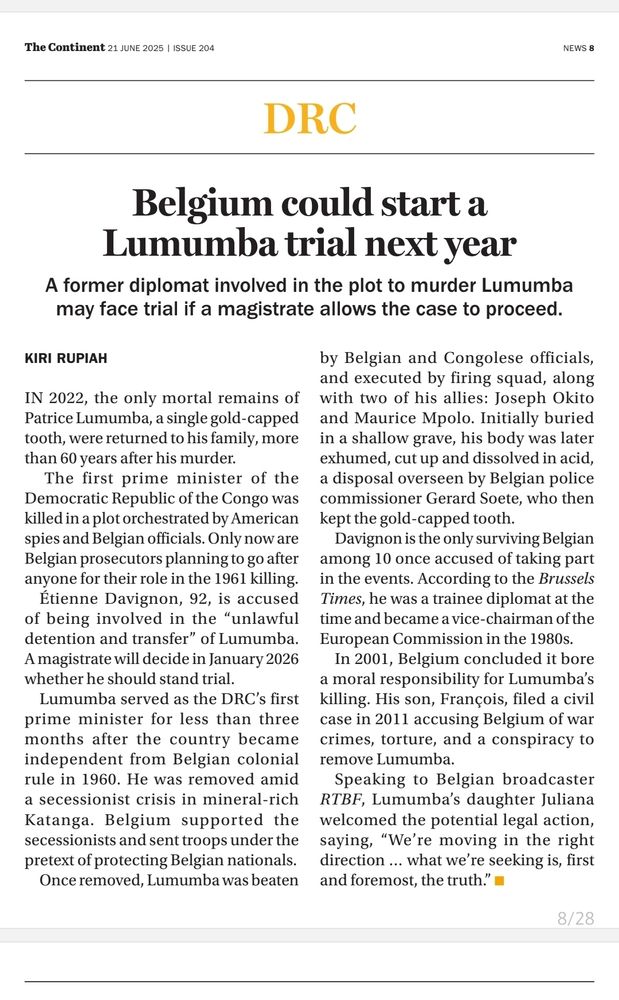An article from The Continent. Headline: Belgium could start a Lumumba trial next year"
