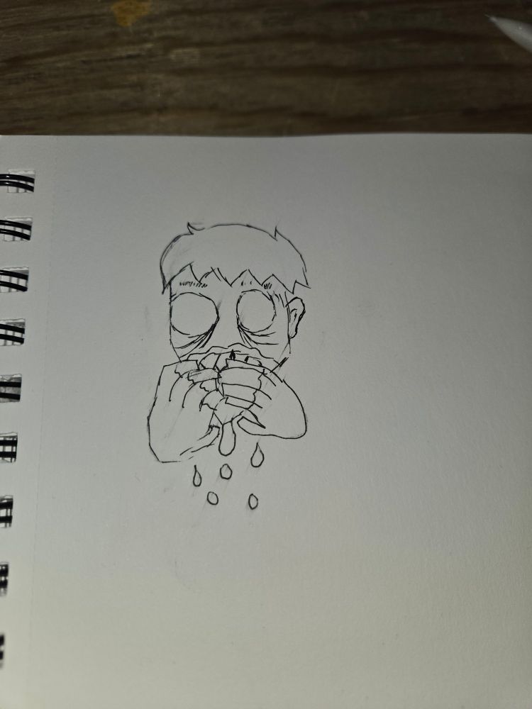 Drawing of a man with his fingers covering his mouth, covered in blood. His eyes are wide, white, and are almost cryptid-like, staring directly at the viewer 