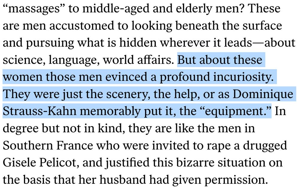 These are men accustomed to looking beneath the surface and pursuing what is hidden wherever it leads—about science, language, world affairs. But about these women those men evinced a profound incuriosity. They were just the scenery, the help, or as Dominique Strauss-Kahn memorably put it, the “equipment.” In degree but not in kind, they are like the men in Southern France who were invited to rape a drugged Gisele Pelicot, and justified this bizarre situation on the basis that her husband had given permission.