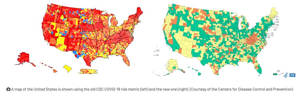 Screenshot of the old and new covid transmission maps with colors changed from the easy to understand blue->yellow->red escalating pattern to pale yellow->pea green-> orange colors to be found in a roll of Necco Wafer candies.