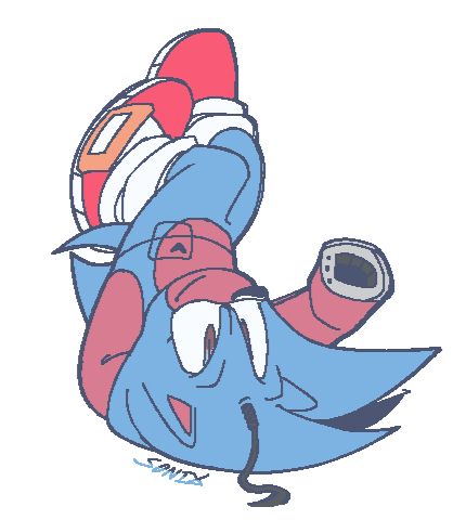 a fullbody colored sketch of sonic the hedgehog as an android. he's sitting upside down with his legs in the air, one arm behind his head and the other pointed out showing a missing arm and exposed metal. sonic is smiling while looking forward, there's a cord hanging from his forehead. around his chest there's a visible panel marked with a heart shape.
