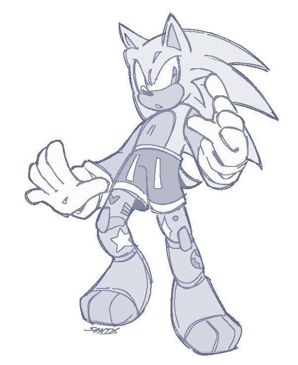 a digital colored fullbody sketch of sonic the hedgehog, he’s colored with muted bluish-greys. he’s wearing prosthetic legs with various stickers on them and a pair of shorts. he’s looking off to the side with a surprised expression.