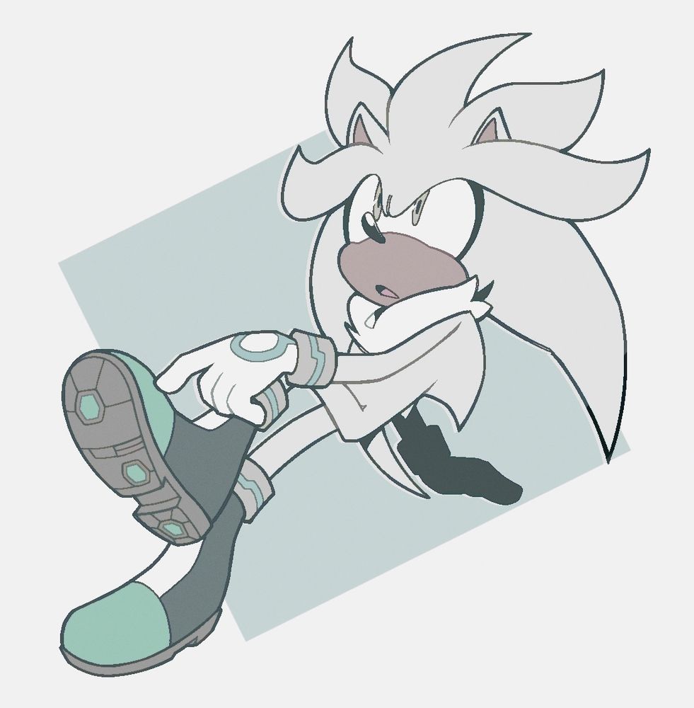 a digital fullbody colored drawing of silver the hedgehog. he’s leaning back with a leg propped up and his arm resting on top. he’s looking up with an awed expression.