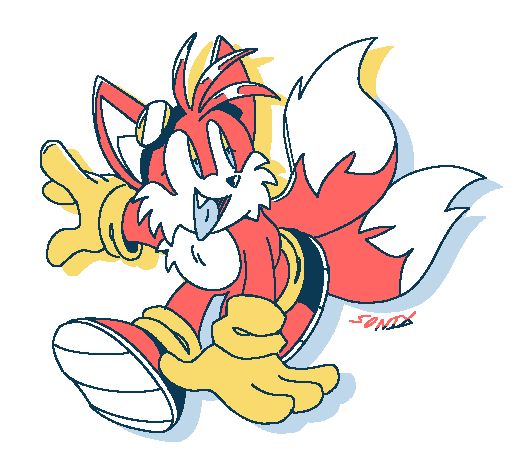 a digital colored fullbody of tails the fox, he has an alternate color palette. tails is running forward with one hand outstretched and the other held out to the side. he's looking back with a wide toothy smile. 