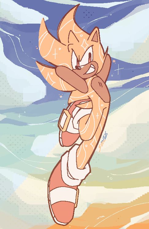 a fullbody colored sketch of super sonic flying on top of a cloudy sunset background. sonic is facing the viewer with his arms crossed behind his head. he's smiling with a determined expression and is kicking one leg back. additional to his design, his super form is covered in white lines and stars.