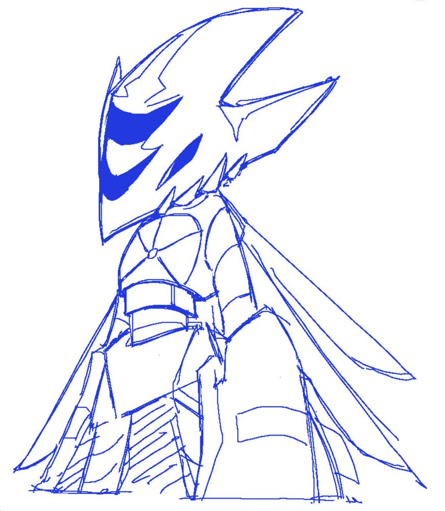 an uncolored three quarter digital sketch of a custom metal overlord design. she's standing with both her arms at her side and her metallic wings are relaxed, pointed downwards. her eye is slightly narrowed, looking away from the viewer.