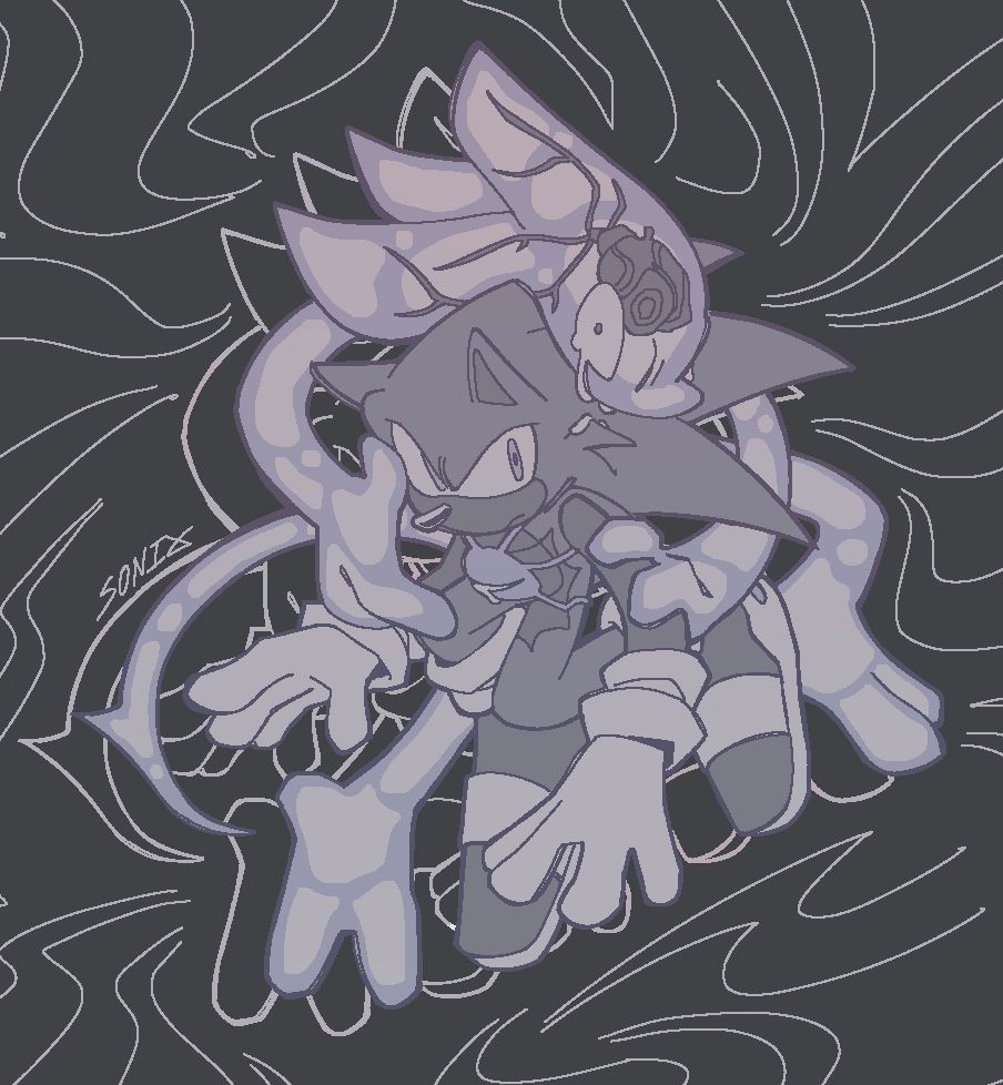 a digital colored sketch of sonic the hedgehog and chaos colored with muted blues and greys on top of a dark grey background with white lines. sonic is crouched down and reaching forward, he is looking off to the side with a neutral expression. on his chest/torso there's a star scar and a chao fruit cut open with its roots wrapped around sonic's chest. chaos is behind sonic and hunched over him with a hand grasped on his arm. their head is turned downward, looking towards the viewer crying with a furious look. 