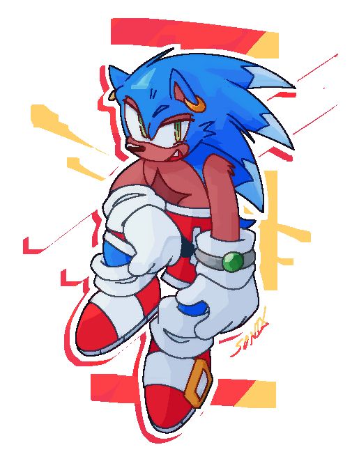 digital colored fullbody of sonic the hedgehog on a white background with yellow and red accents. sonic is posed with one hand on his knee and the other hanging by his side. he's looking at the viewer with a cheeky smile. sonic has a couple of additional accessories on including chip's bracelet, golden earrings, and red/white shorts.