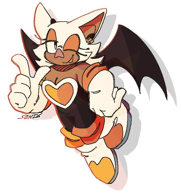 a digital rendered fullbody sketch of rouge the bat on a white background with a backdrop shadow. she's in the air with a hand on her hip and a hand pointing up playfully. she's looking off to the side and winking with a smile. rouge's color palette is modified as instead of pink on her outfit there's orange and yellow. she additionally has black/white hearing aids. 