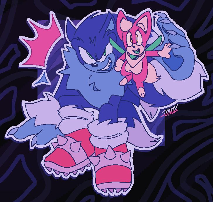 A fullbody colored drawing of Sonic the Werehog and Chip on a multicolored dark purple and black background with light lines. Sonic is sitting and looking forward with a snarky smile while holding up one hand to high five Chip. Chip is flying next to Sonic while striking a sassy pose with one hand on his hip, he's high-fiving Sonic with his other hand while also looking forward with a similar expression to Sonic.