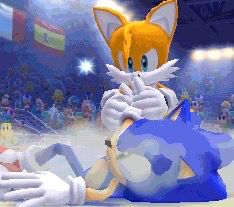 a screenshot from one of the sonic and mario olympic games, tails is holding sonic's hand after throwing him to the ground.