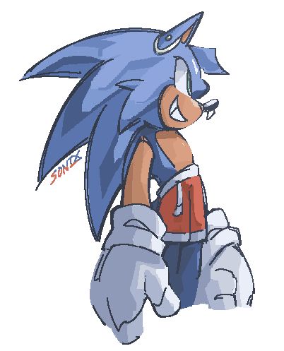 a 3/4 rendered sketch of sonic the hedgehog at a side profile. he's smiling with a determined grin and is neutrally posed with his hands at his side. additionally to his design is a pair of red/white shorts and piercings on his ear and nose.