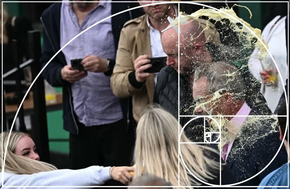 Young women throwing milkshake at Nigel Farage, overlaid with a graphical representation of a Fibonacci Sequence, imagine a well proportioned photograph.