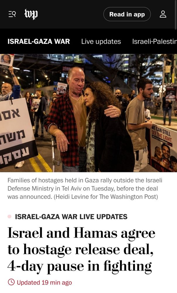 Screenshot des Washington Post Artikels.
https://www.washingtonpost.com/world/2023/11/22/israel-hamas-war-news-hostages-gaza-palestine/