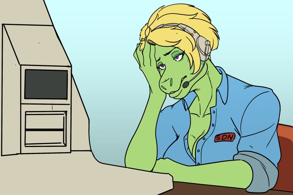 A lizard woman in a headset face palming as she looks up at an old fashioned computer