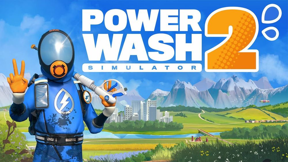 powerwash simulator 2 title art featuring the main player character in a blue hazard suit for cleaning and a power washer over their shoulder against a green nature filled backdrop