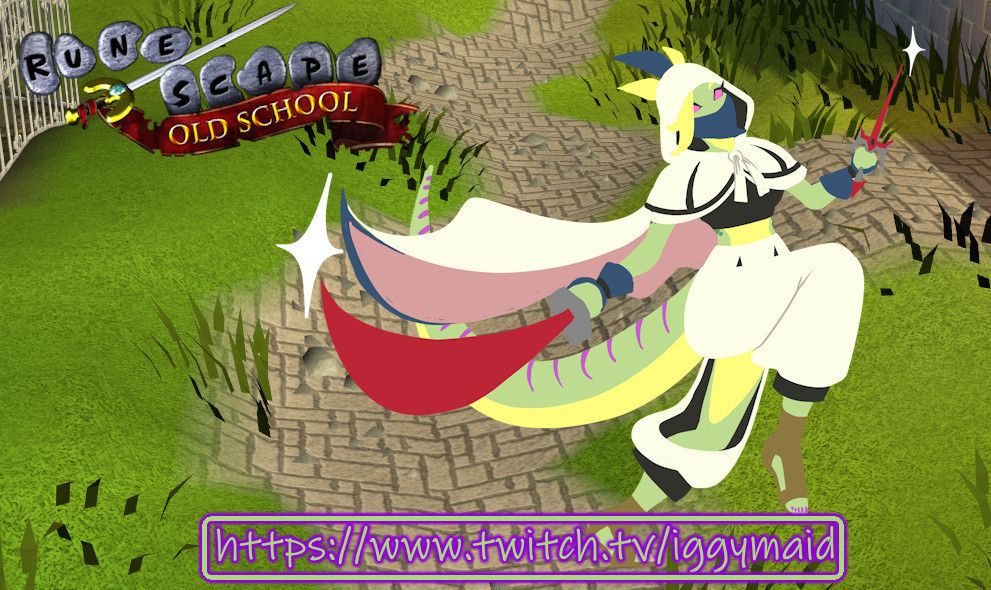 screenshot of runescape with a drawn image of iggy wearing the varlamore themed graceful agility set wielding a red sword in one hand and a red parrying dagger in the other