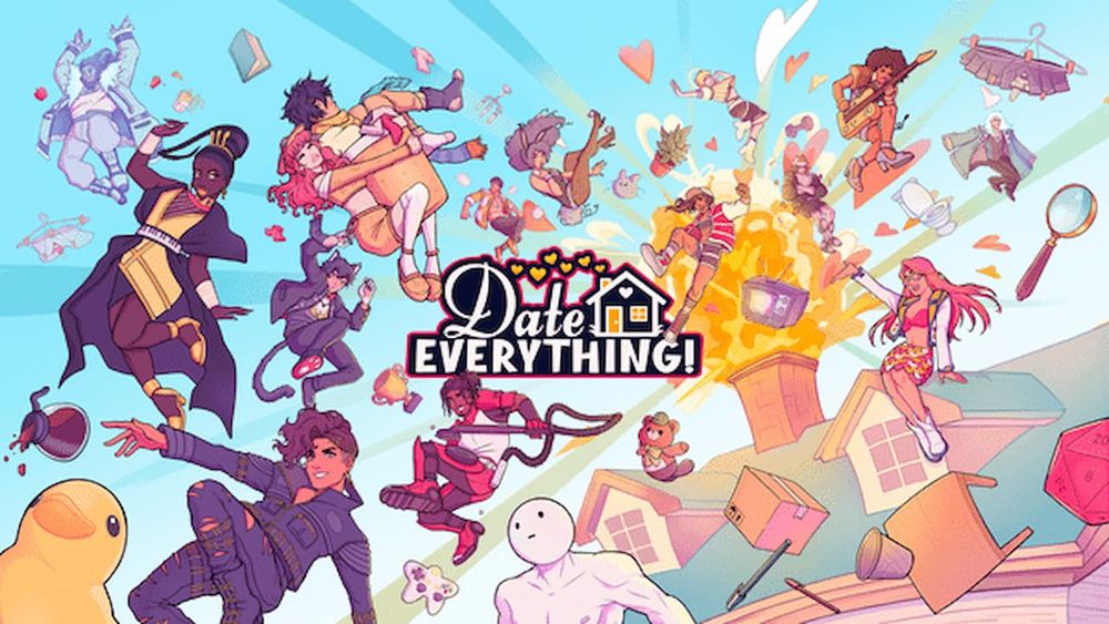 cover art for the game Date Everything, showing a multitude of characters & household appliances bursting out of the chimney of a house