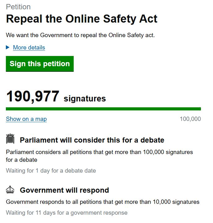Screenshot of the petition for the "Repeal the online safety act" with 190,977 signatures (it is higher now since posting)