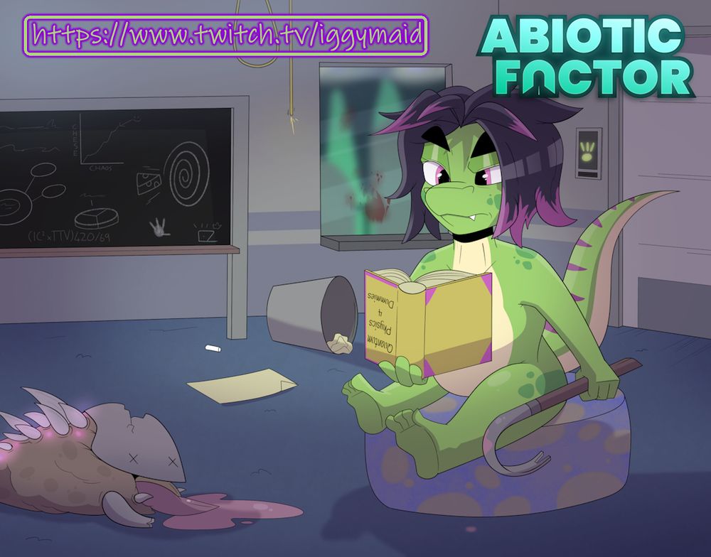 abiotic factor promo image for Grebs stream showing art of greb sat on an alien cheese wheel reading a physics book upside down in one hand and a big crowbar in the other while in a lab with a dead alien next to it art is by https://bsky.app/profile/maskofravens.bsky.social