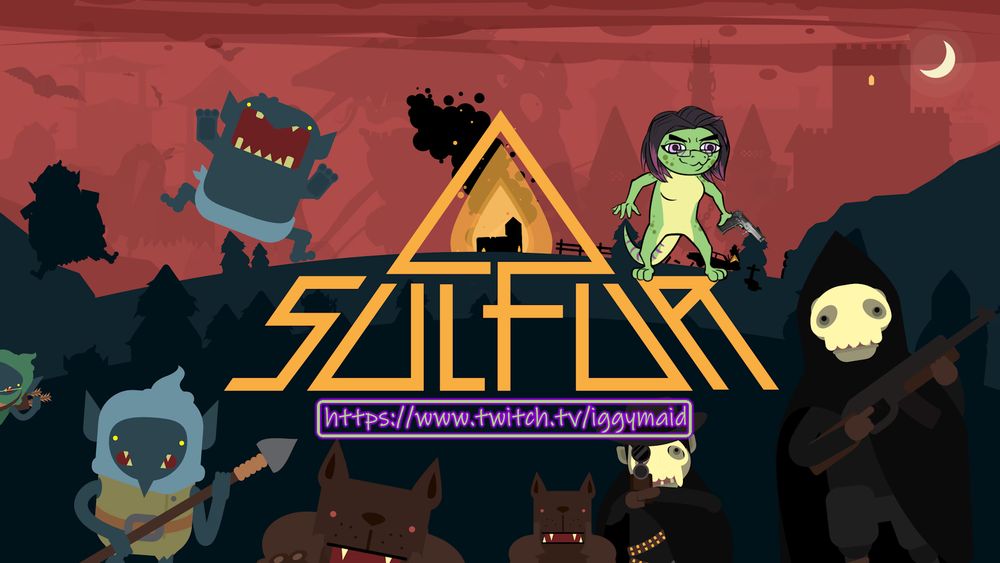 art of the game Sulfur showing the games logo in yellow angular letters with a triangle on top in the middle of the screen, a silhouette of a building on fire is in the background on some hills while lots of little goblin-like creatures jump around along some dogs & people with guns and skull faces. Greb has been edited into the picture holding a gun