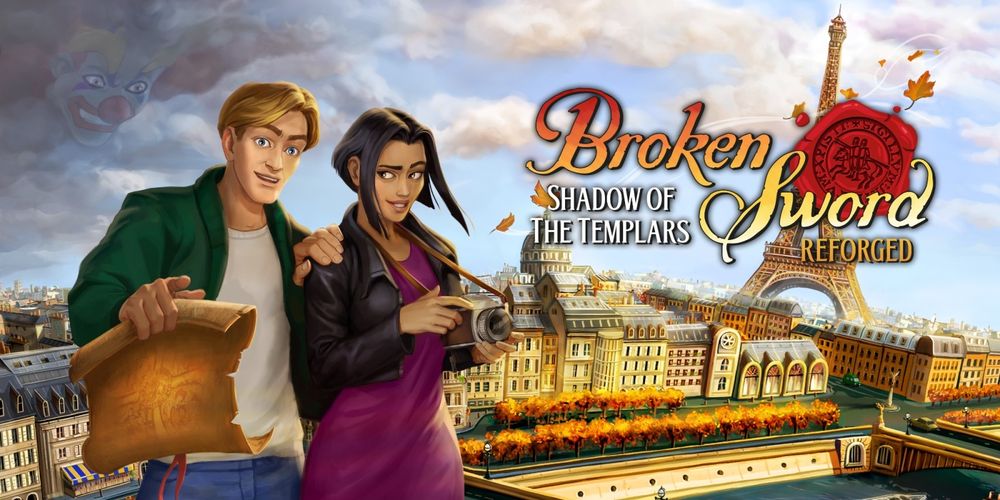 cover art for Broken Sword: Shadow of the Templars Reforged showing the two main characters posing in front of Parisian scenery including the Eiffel Tower while a ghostly clown face lurks in the shadows of the clouds smiling angrily