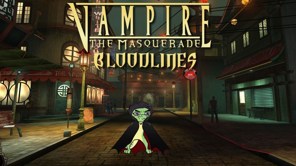 Greb is stood in the middle of a road in a chinatown area of Los Angeles with fangs on show and a stereotypical vampire cape, definitely no masquerades being broken here right? oh dear.