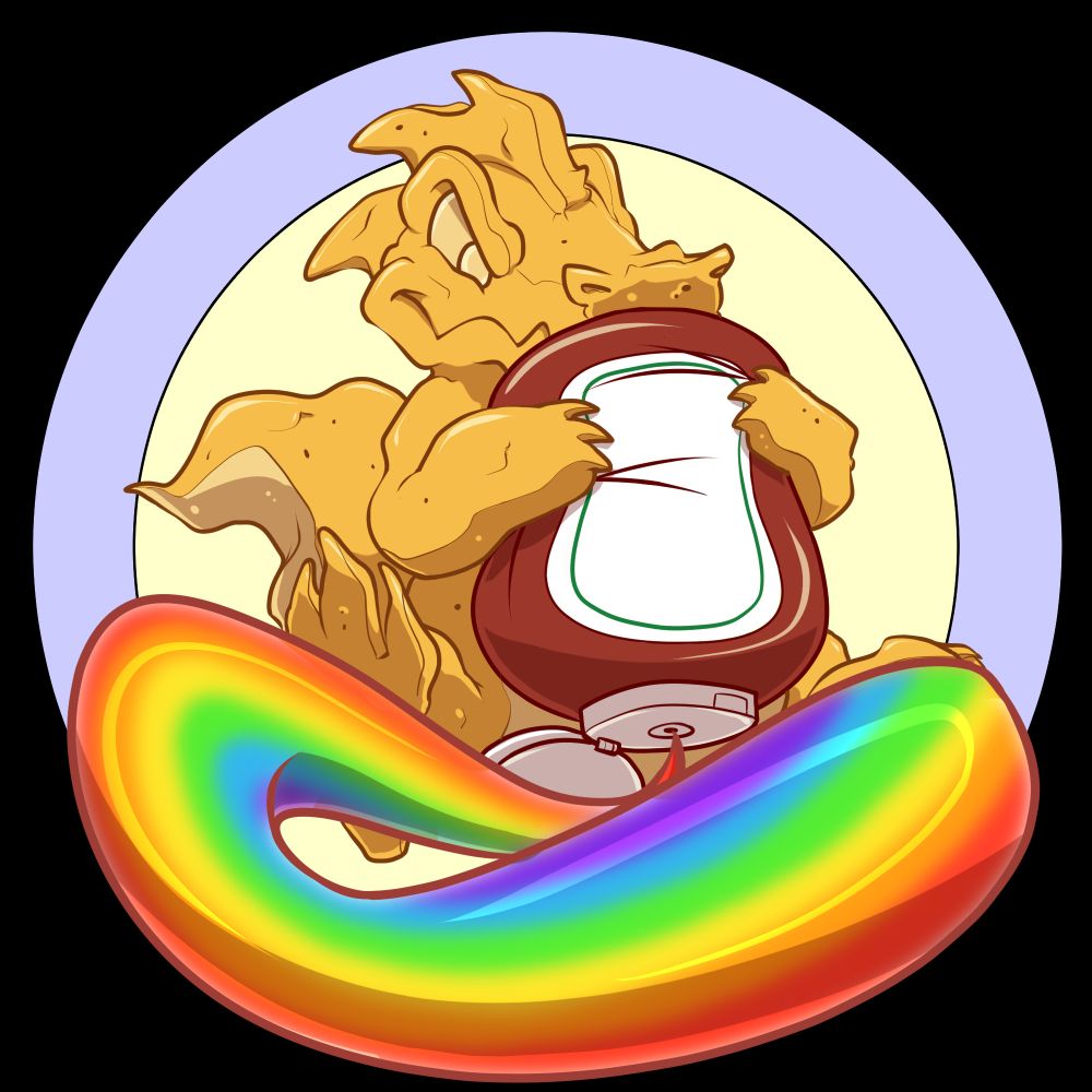A Nugget Krawk squeezing a bottle of ketchup. A rainbow is coming out of the bottle. 