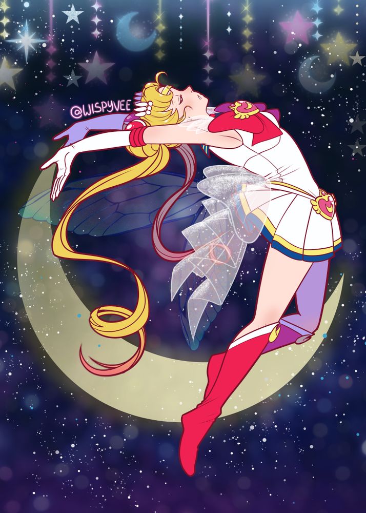 Sailor moon in her signature hairstyle, wearing her magical girl outfit which is white with a short skirt, red boots, red bows and heart-shaped brooches. She's floating in the air with a moon behind her and a pair of very faint butterfly wings.