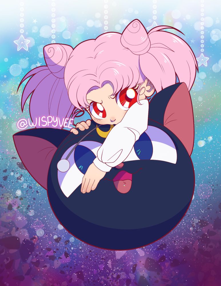 Pink haired anime girl with red eyes (chibiusa) hugging a cat-shaped ball